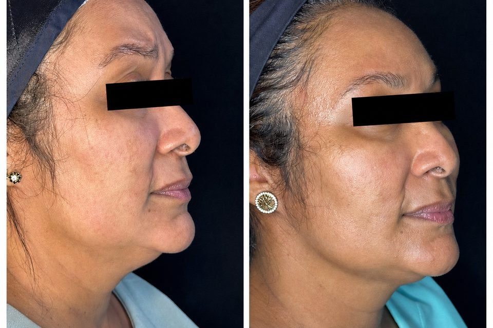 Antes e depois em vista de perfil de fios de PDO de tração, preenchimento em pontos de sustentação e botox realizados pela Dra. Marina Barreto