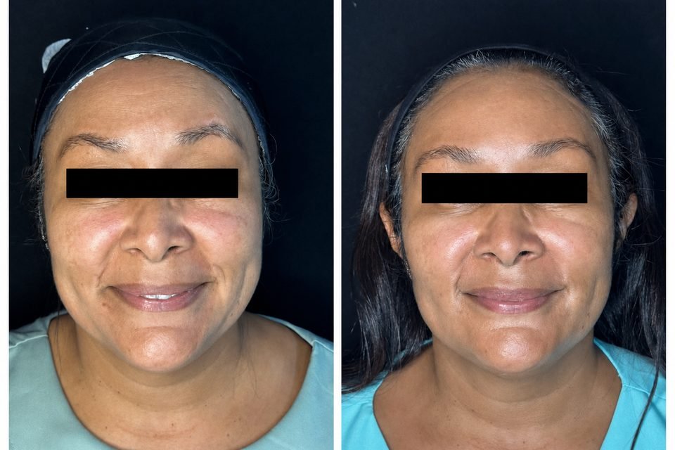 Antes e depois em vista frontal de fios de PDO de tração, preenchimento em pontos de sustentação e botox realizados pela Dra. Marina Barreto