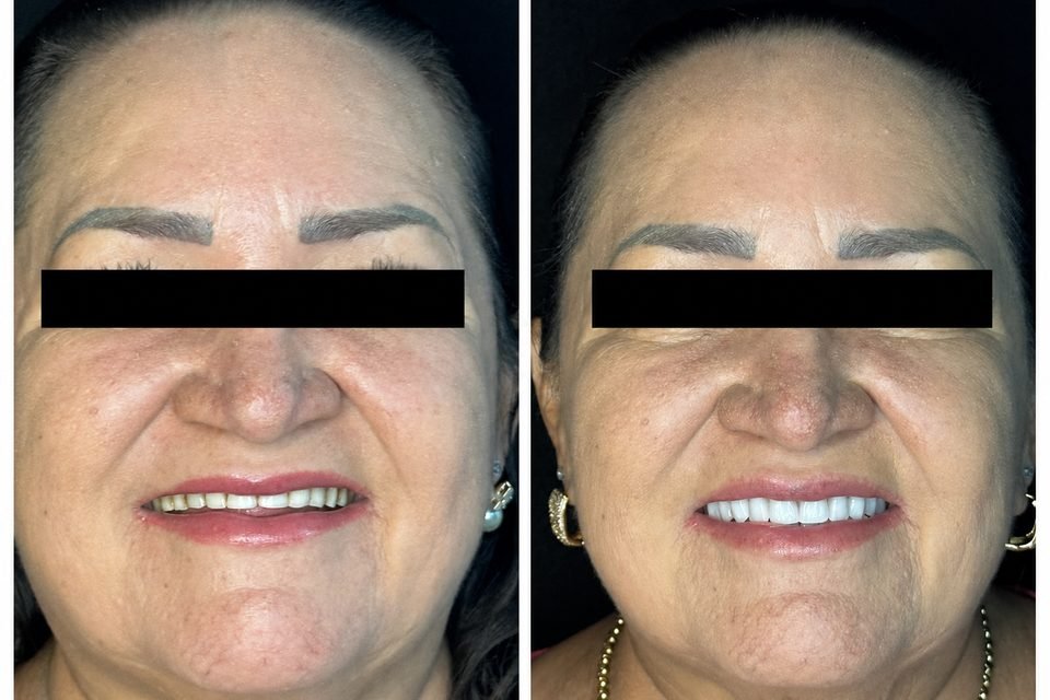 Antes e depois de botox e reabilitação oral com próteses dentárias realizados pela Dra. Marina Barreto